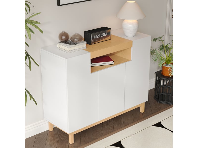  Buffet ulevr 3 portes avec rangement ouvert, 120,5 x 42 x 96 cm, panneaux de particules blancs et décor bois  - Conforama D