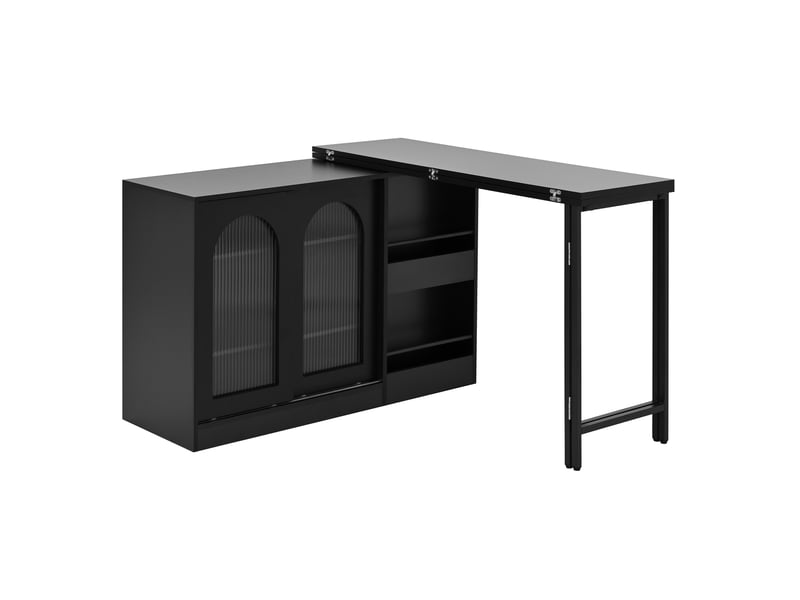  Îlot de cuisine table de bar pivotante 360° extensible avec rangement buffet porte en verre noir  - Conforama A