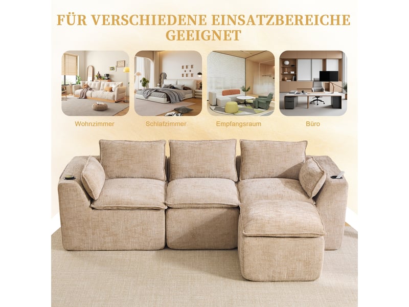  Canapé modulable 3 places en tissu chenille kaki, avec pouf, 2 poches latérales, porte-gobelets, 256×161×75 cm  - Conforama R