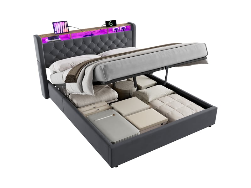  Lit coffre ulevr rembourré 160 x 200 cm, tête de lit pliable avec rangement, velours gris foncé  - Conforama A