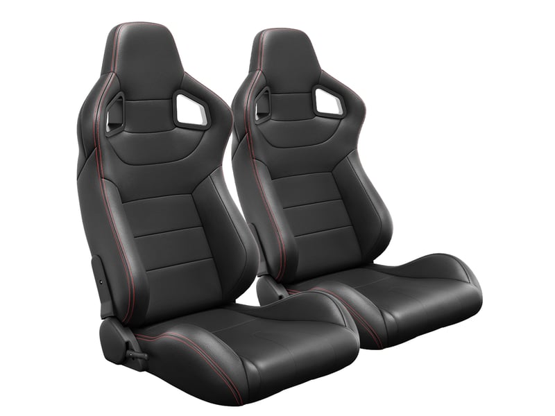  Sièges baquets universels inclinables en pvc noir avec surpiqûres rouges, lot de 2, rails de réglage inclus  - Conforama B