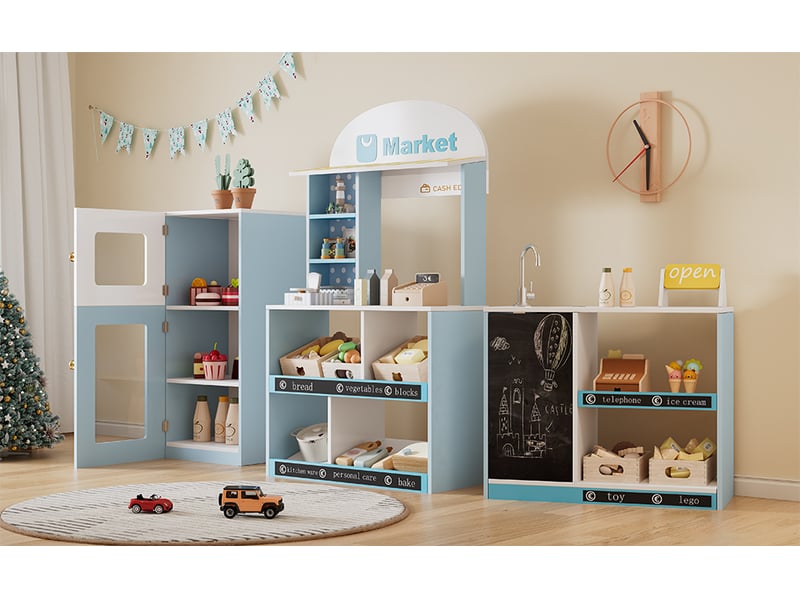 Magasin jouet enfant, bleu, étagères, réfrigérateur, tableau noir, comptoir latéral et robinet, dès 3 ans - Conforama E