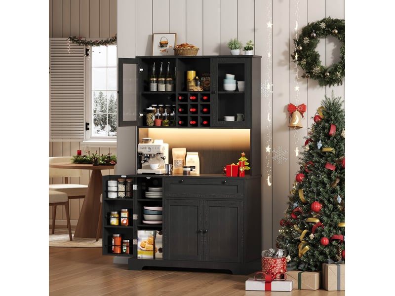  Buffet haut de cuisine noir 105 x 40 x 180 cm avec led, prises usb et rangement  - Conforama D