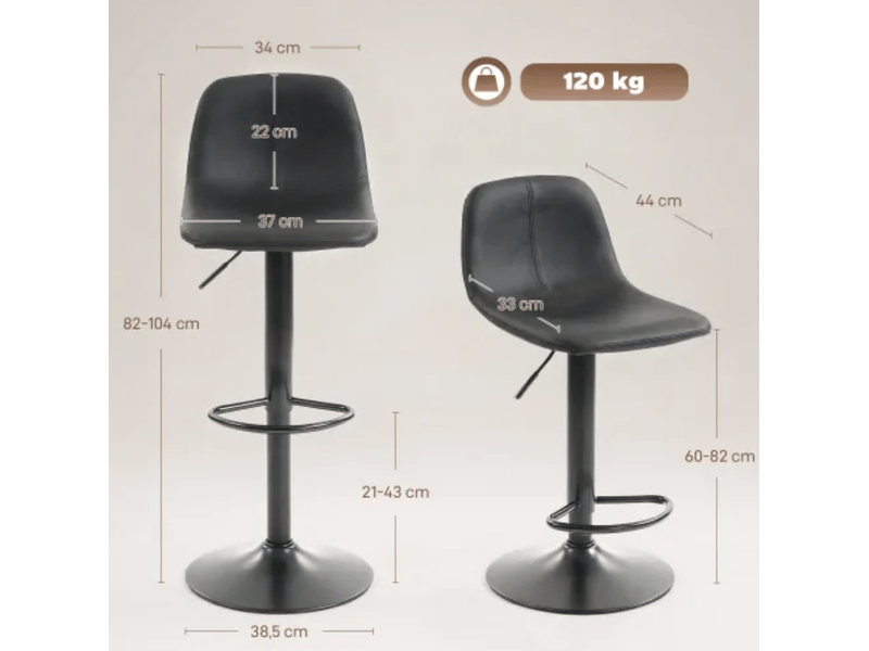  Tabourets de bar lot de 2 réglables en hauteur - lpospi - dossier, repose-pieds, rotation 360°, pu - noir  - Conforama D