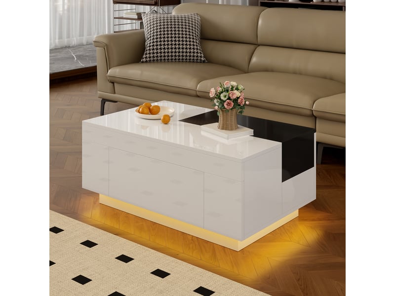 Table basse 80x50x35,5 cm à plateau coulissant, led par application et rangement avec tiroir, mdf brillant, blanc et noir ABC - Conforama E