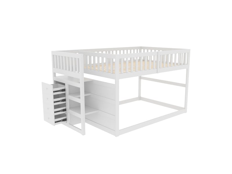  Lit superposé bas 140x200 cm, lit enfant en bois blanc avec escalier sécurisé, 4 tiroirs de rangement et barrière haute.  - Conforama D
