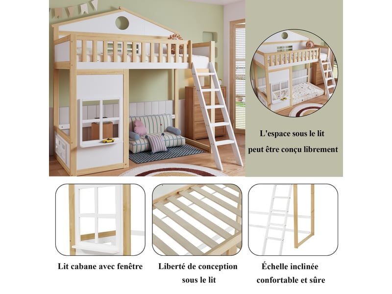  Lit superposé enfant 200×90 cm avec escalier, barrières, toit et fenêtres, espace inférieur modulable, blanc et bois naturel  - Conforama E