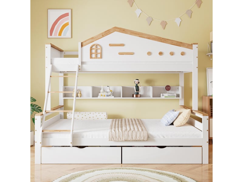 Lit superposé 90x200cm et 140x200cm, lit enfant avec étagère de rangement et 2 tiroirs, en bois de pin massif et mdf, échelle inclinée, blanc  - Conforama C