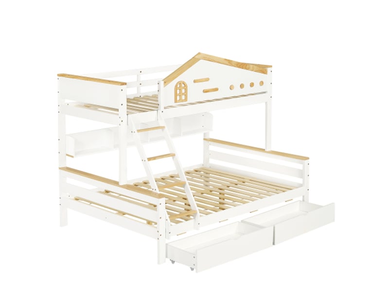  Lit superposé 90x200 cm, lit cabane avec échelle à quatre niveaux, tiroirs et étagère ouverte, en bois, blanc, sans matelas  - Conforama E