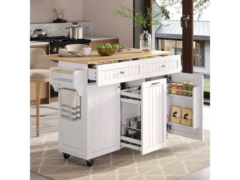  Îlot de cuisine mobile 140 cm avec plateau extensible, 2 tiroirs et étagères réglables, blanc et naturel Jamama eleni - Conforama D