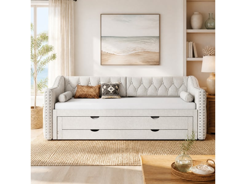  Lit enfant 90x200cm, style minimaliste, lit gigogne, avec éclairage led 7 couleurs, 3 tiroirs, lin beige, sans matelas  - Conforama B