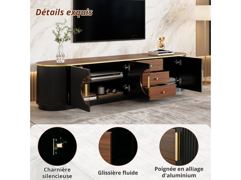  Meuble tv bas ovale luxe 180x40x46 cm en mdf noir avec verre brun, poignées aluminium, bords arrondis, rainures verticales et tiroirs  - Conforama D