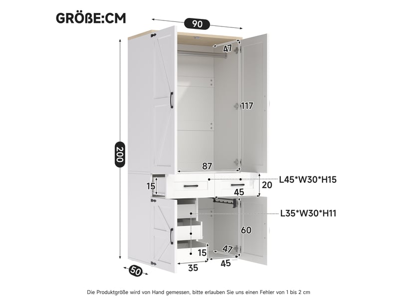  Armoire modenvie 4 portes 90 x 50 x 200 cm avec 5 tiroirs et 2 tringles mdf blanc  - Conforama C