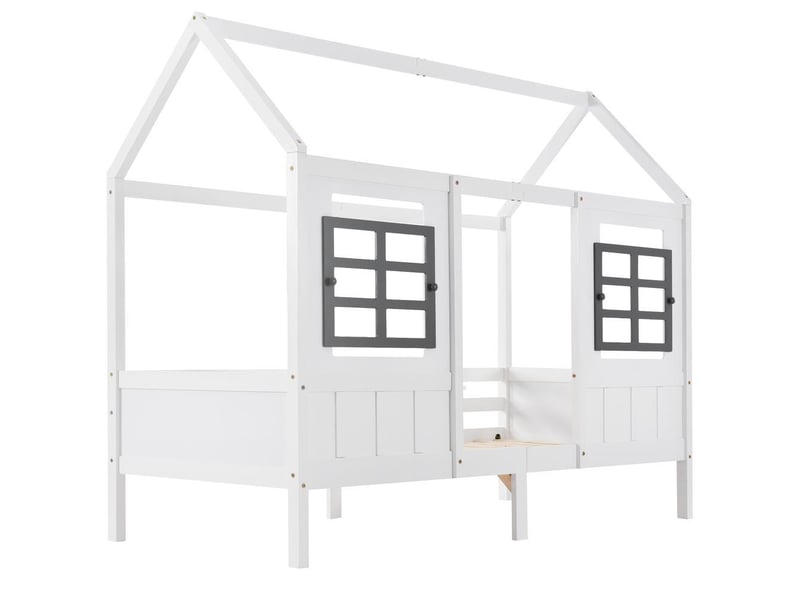  Lit cabane enfant avec fenêtres de sécurité, lit simple en pin et mdf, 90 x 200 cm, blanc  - Conforama R
