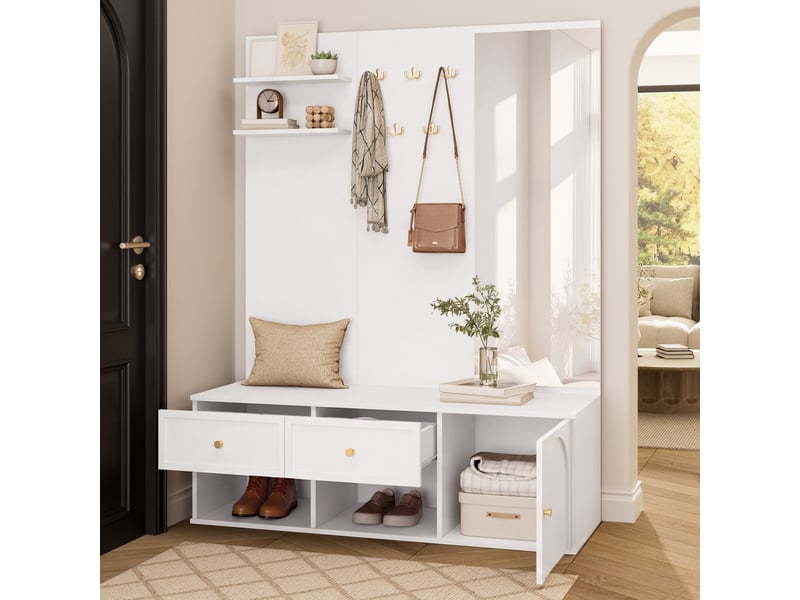  Vestiaire d'entrée complet blanc avec banc et miroir, meuble d'entrée 120cm, porte-manteau mural 5 crochets  - Conforama W