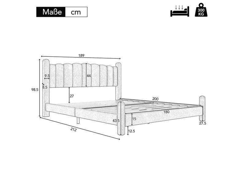  Lit adulte 180x200 cm en velours beige avec tête de lit et sommier à lattes  - Conforama C