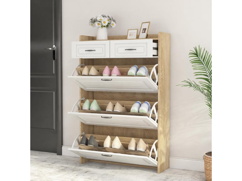  Commode à chaussures  80x23.5x131 cm avec armoire à chaussures pivotante, composée de trois grands volets et de deux tiroirs  - Conforama E