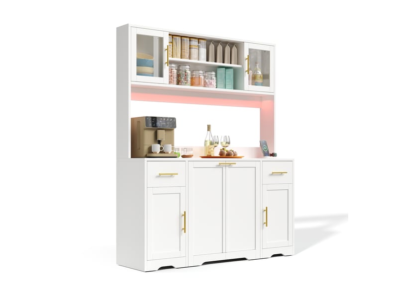  Buffet cuisine 2 tiroirs, 140 x 40 x 173 cm, double compartiment poubelle coulissant, éclairage led, prises et usb, mdf, blanc Morn Vibe - Conforama A