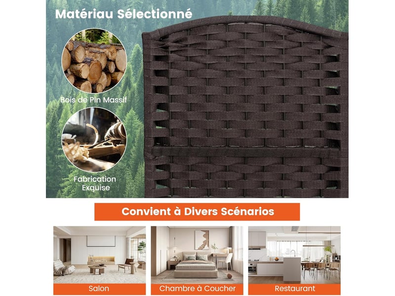  Costway grand paravent pliant, 6 panneaux, texture tissée à la main, cadre en bois massif de pin (marron)  - Conforama E