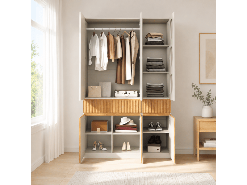  Armoire à portes battantes 135x50x200 cm avec 6 portes, 2 tiroirs et 1 penderie, chêne clair et gris  - Conforama D