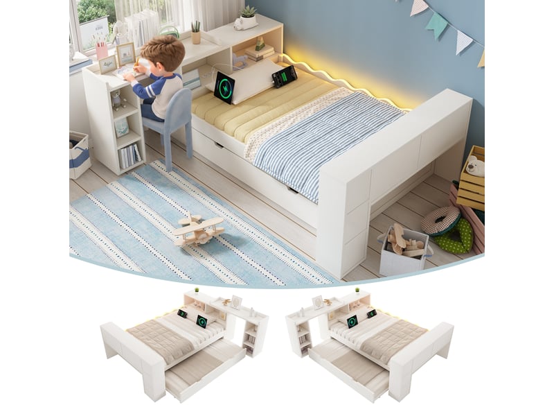  Lit gigogne 90 × 200 cm avec couchage 90 × 190 cm, bureau, prises et led Fay Lum - Conforama B