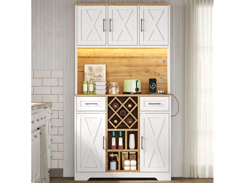  Buffet de cuisine 105x40x180 cm avec led, casier à vin, naturel et blanc  - Conforama B