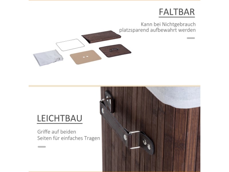  Panier à linge pliable avec couvercle, bambou marron foncé, 72 l, 40 x 30 x 60 cm, sac lavable et poignées  - Conforama D