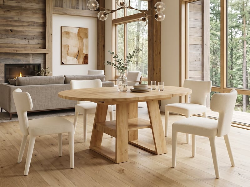 Ensemble table et 4 chaises salle à manger, table ronde extensible 110150x110 cm chêne avec rangement, chaises tissu dossier t piétement métal - Conforama B