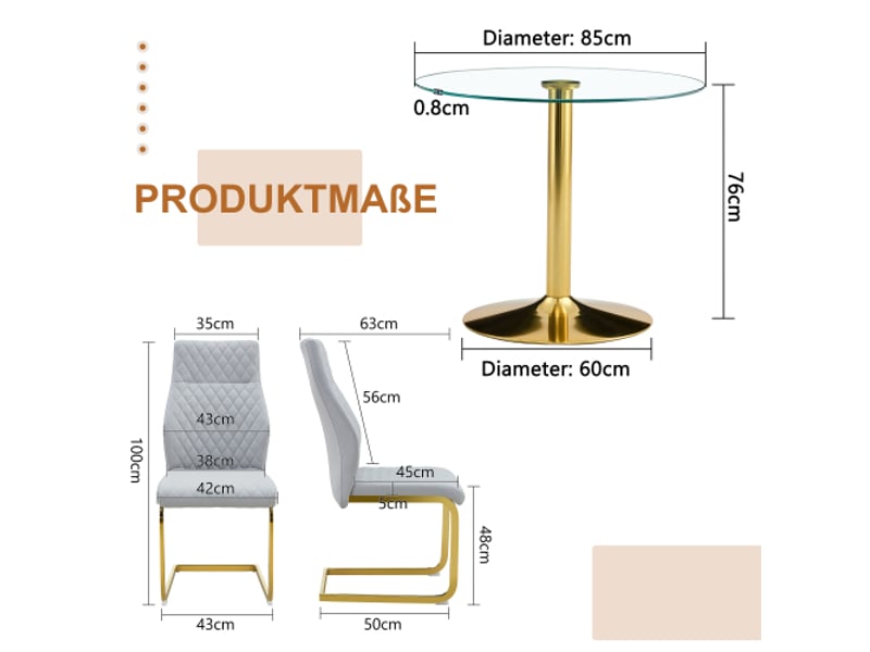  Ensemble table ronde en verre 85 cm – pieds dorés – 4 chaises modernes gris clair et doré  - Conforama C