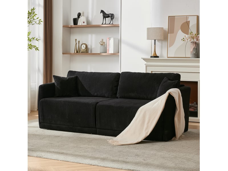 Canapé convertible 2 places avec couchage d'appoint et assise à ressorts, en velours côtelé noir, 182 × 88 × 84 cm - Conforama B