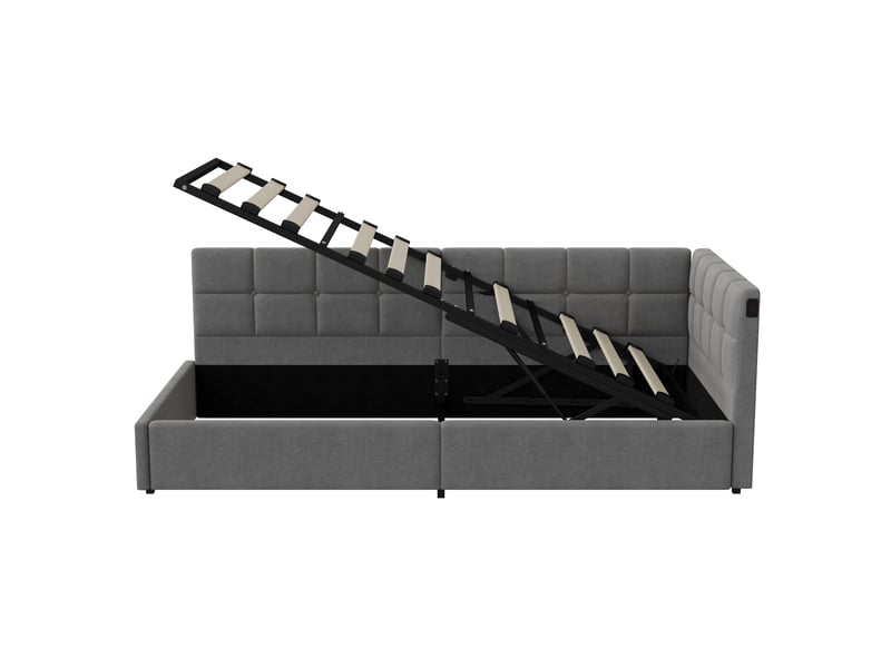  Lit 90x200 avec rangement hydraulique,canapé 1 place avec sommier à lattes, cadre de lit coffre avec éclairage led et port usb, gris velours  - Conforama R