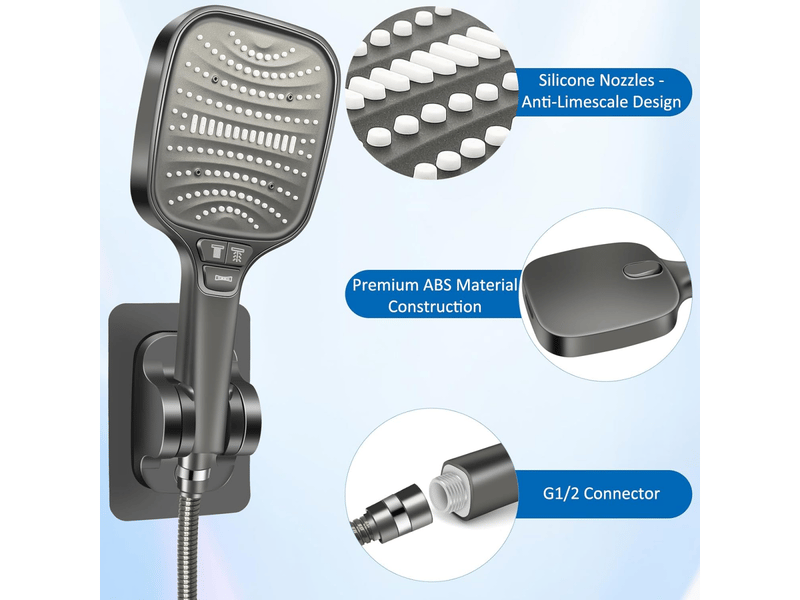 Kit douche haute pression, pommeau de douche anti-calcaire 120mm 8 modes + tuyau 1.5m inox + support sans perçage, douchette économie d'eau(gris) - Conforama C
