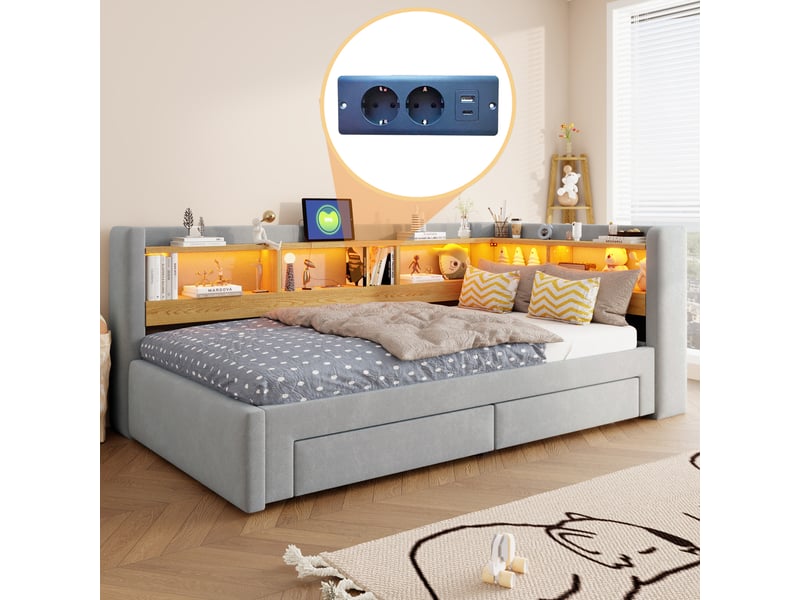  Lit gigogne 90x200 cm avec lit tiroir extensible 180x200 cm, rangement, led et prise, lit banquette multifonction en velours - gris  - Conforama E