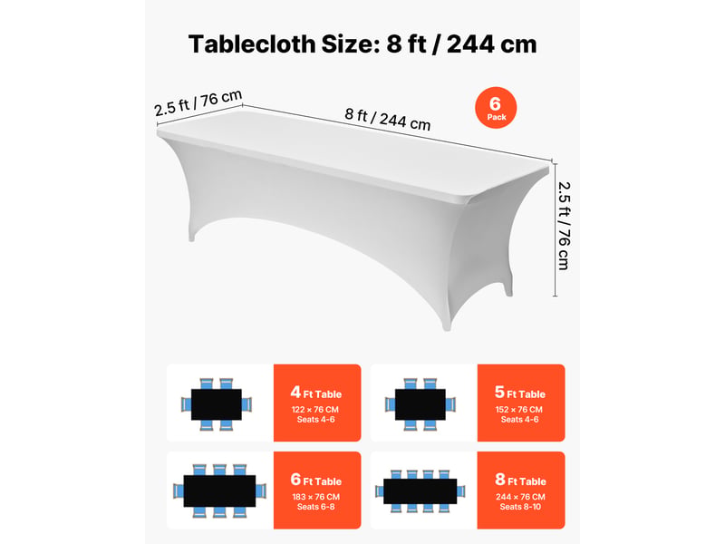 Vevor nappe extensible rectangulaire 244 x 76 x 76 cm, couverture de table infroissable en polyester et elasthanne, lot de 6, lavable en machine, pour fete, mariage, cocktail, banquet, festival, blanc - Conforama D