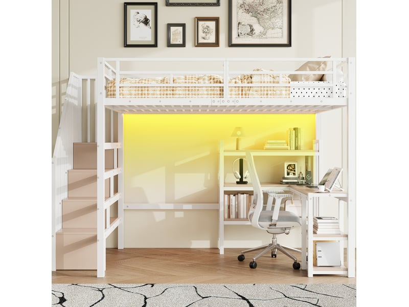 Elvmi lit mezzanine 140x200 cm en métal et mdf avec escalier de rangement, bureau intégré, étagères 3 niveaux, station de charge usb et éclairage led bluetooth, garde-corps intégral et sommier à lattes, blanc - Conforama B
