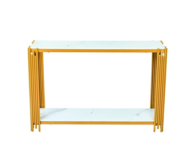  Console ulevr avec 2 niveaux de rangement, 123,5 x 33,5 x 80 cm, plateau mdf décor marbre blanc et structure métal doré  - Conforama A