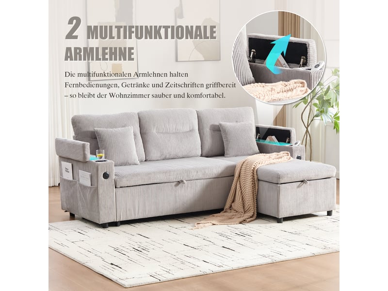  Canapé 3 places, canapé de salon – porte-gobelets, en velours tricoté, avec rangement, port usb, avec méridienne  - Conforama E