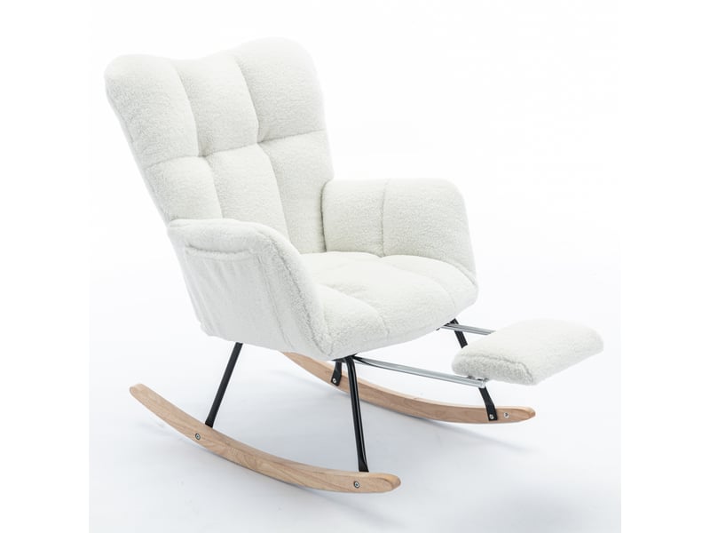  Rocking chair blanc en tissu teddy, fauteuil relax avec repose-pieds escamotable pour salon et chambre  - Conforama A