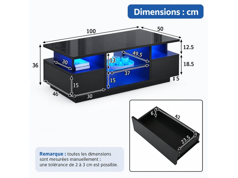 Table basse led noire brillante avec 2 tiroirs, niches ouvertes et étagères en verre, 100x50x36 cm  - Conforama C