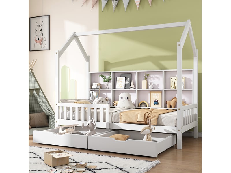  Lit enfant cabane 90 x 200 cm blanc en pin avec étagère et 2 tiroirs  - Conforama D