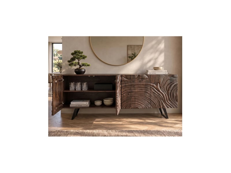 Buffet gaïa 177 cm en bois massif de manguier foncé – 4 portes – façades sculptées – marron et noir - Conforama D