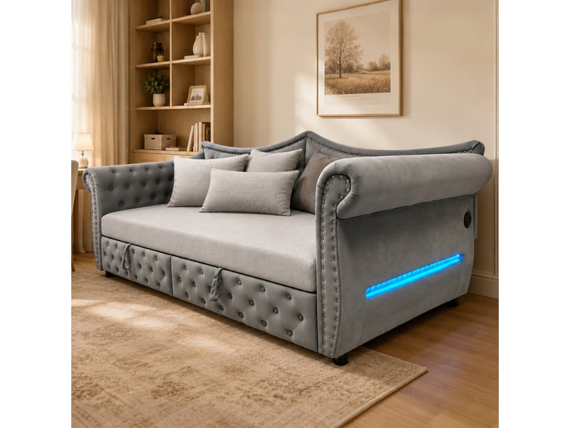  Lit banquette rembourré 90x200 cm - convertible - lit gigogne - éclairage led - port usb - prise de charge - velours - gain de place - gris CozyNest - Conforama C