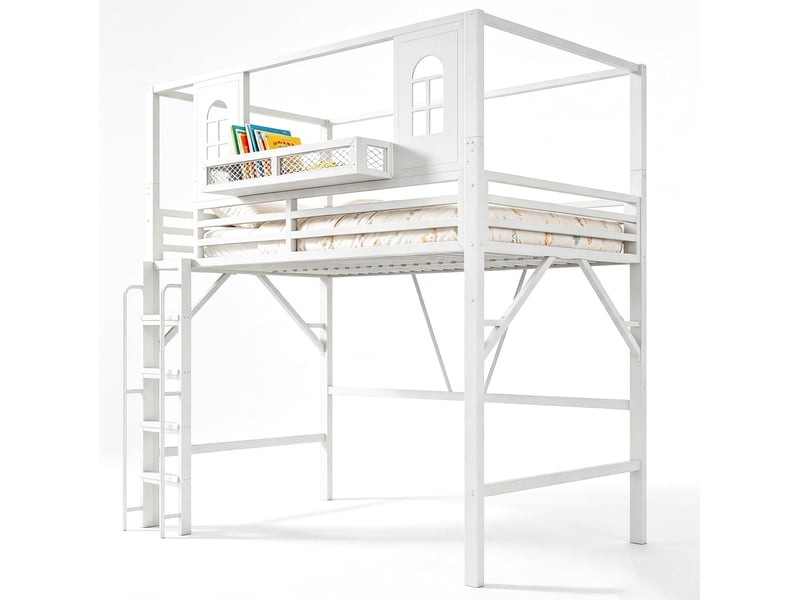 Lit mezzanine enfant 90x200 cm, toit maison, échelle, fenêtres décoratives, métal et mdf, blanc sans matelas - Conforama A