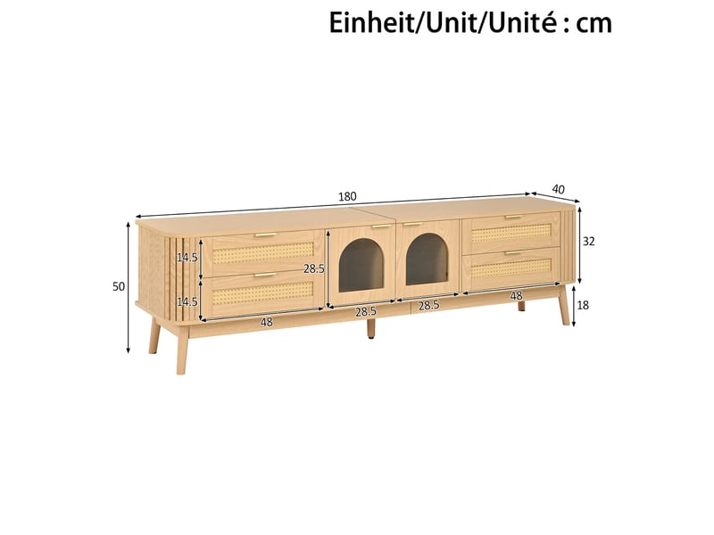  Meuble tv 180 cm avec led, 4 tiroirs en rotin, 2 portes cintrées en verre trempé, poignées métal, pieds en bois massif, naturel Sol Morn - Conforama C