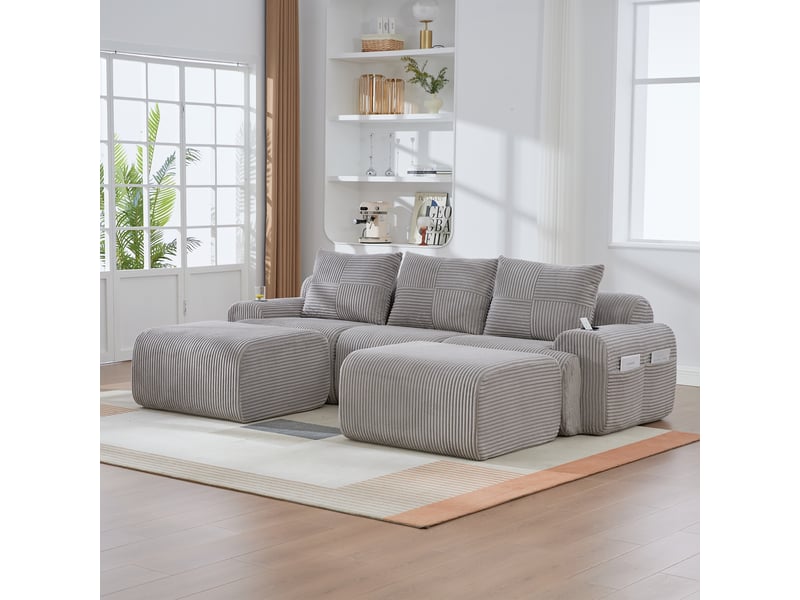  Canapé modulable, canapé de salon, en velours tricoté, gris clair, adapté à l'espace de vie, porte-gobelets  - Conforama E