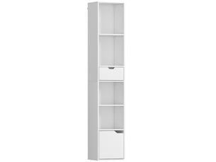 Bibliothèque blanche 6 niveaux, étagères réglables, tiroir et porte, rangement personnalisable