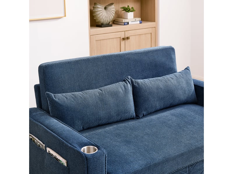  Canapé convertible 2 places bleu marine en tissu et bois, design minimaliste élégant avec chargeur usb intégré  - Conforama D