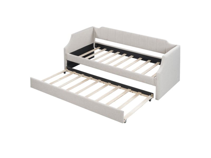 Lit enfant 90x190200cm.lit gigogne,canapé-lit en lin avec dos incurvé et accoudoirs larges,beige lit enfant beige - Conforama D
