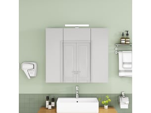 Meuble de salle de bains avec miroir led de 80 cm, 3 portes, prise française et étagères en verre réglables, blanc.