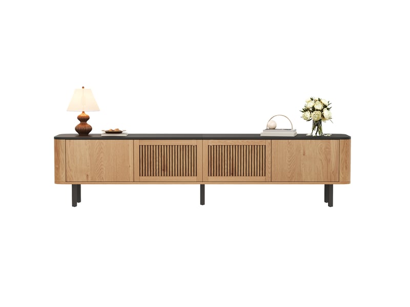  Meuble tv avec portes grillagées et compartiments de rangement, pieds en métal, pour salon, chêne, 190 × 35 × 45 cm  - Conforama A